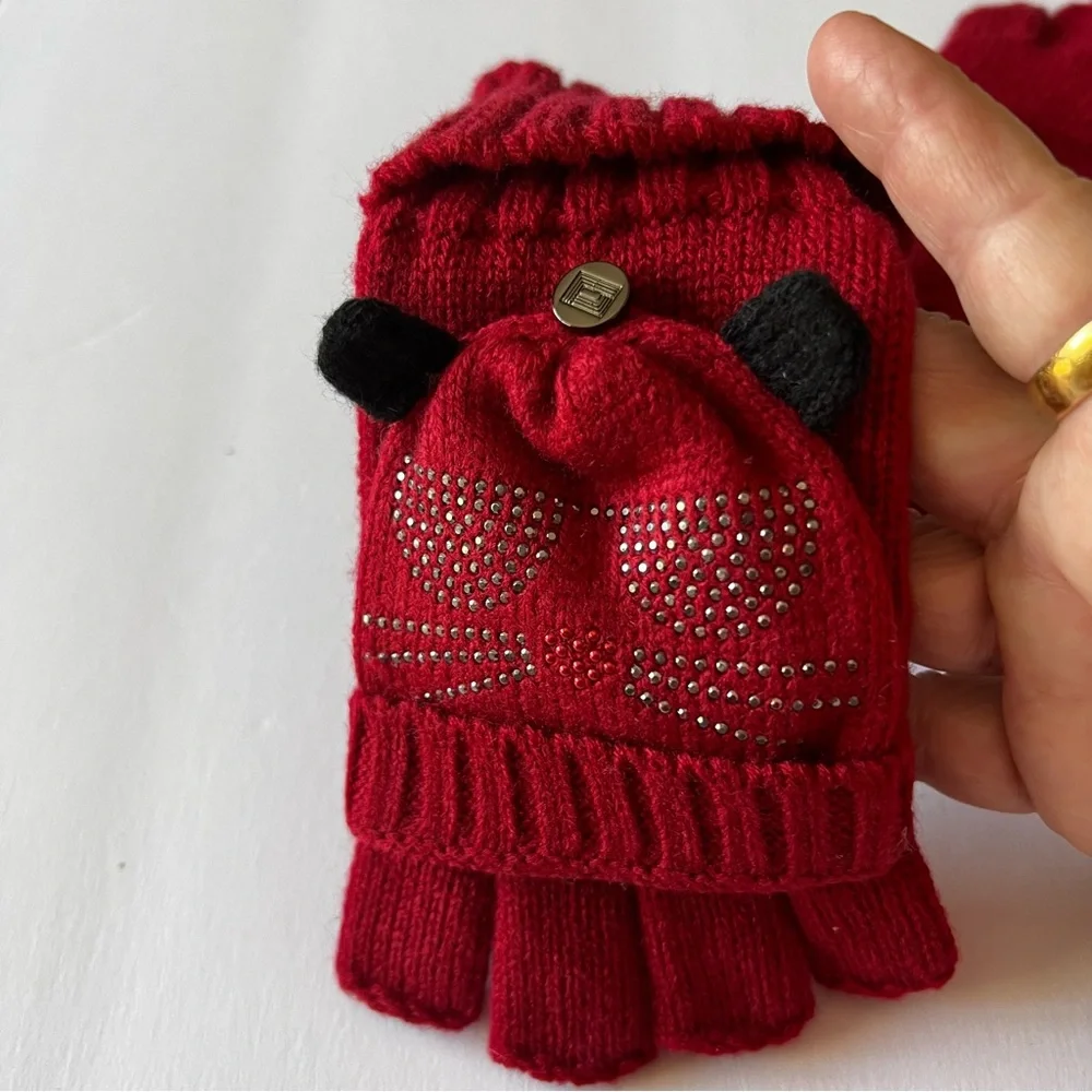 KARL LAGERFELD POP TOP CONVERTIBLE FINGERLESS GLOVES MITTENS RED KARL CAT LOGO